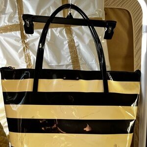 Kate Spade New York Black & Cream Patent Stripe Tote Bag – Hot Pink Interior